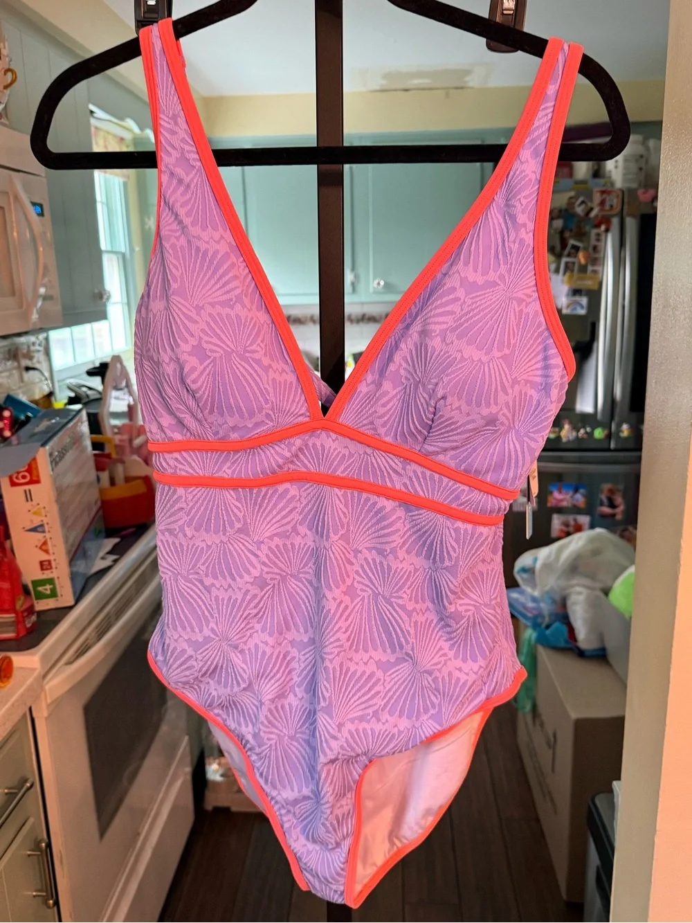 Popvil Color Block Clam Shell One Piece Swimsuit Purple, size XL NWT